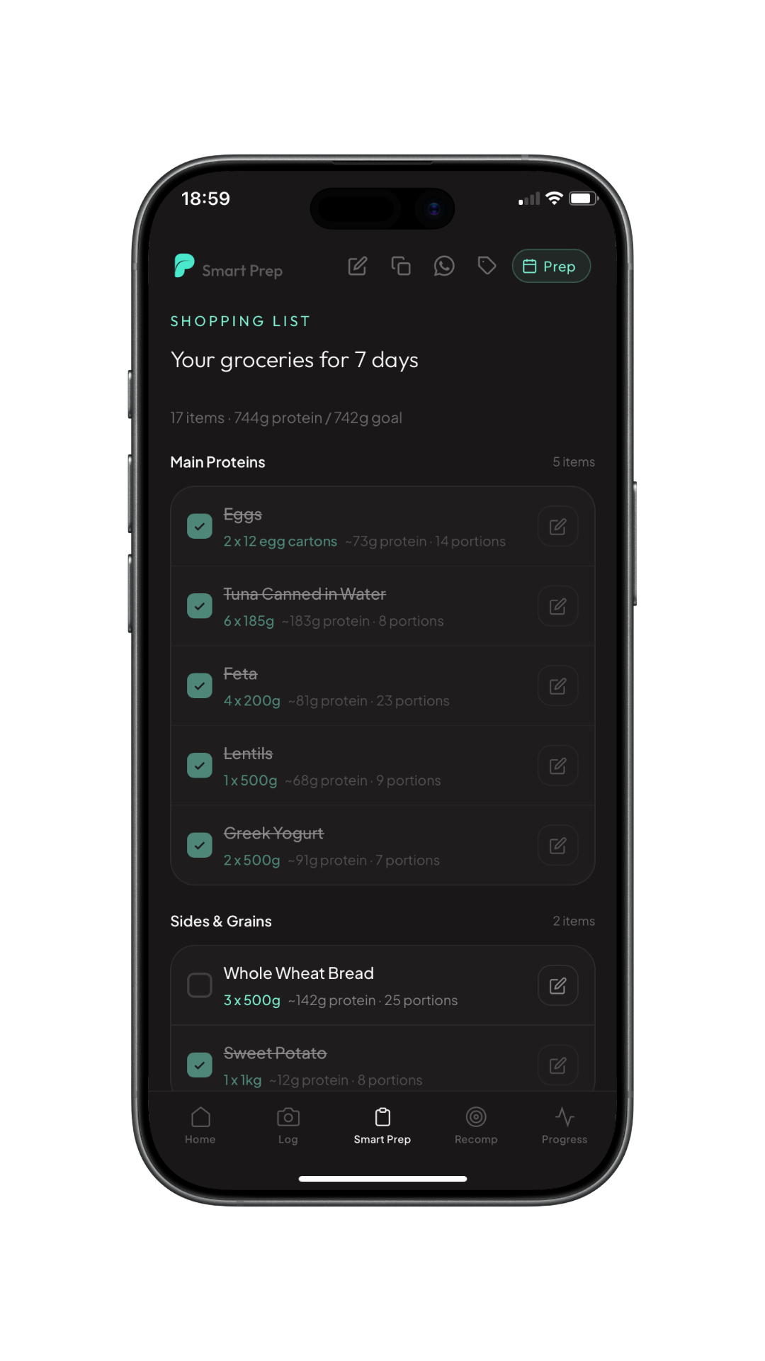AI-generated weekly shopping list with exact quantities for protein meal prep