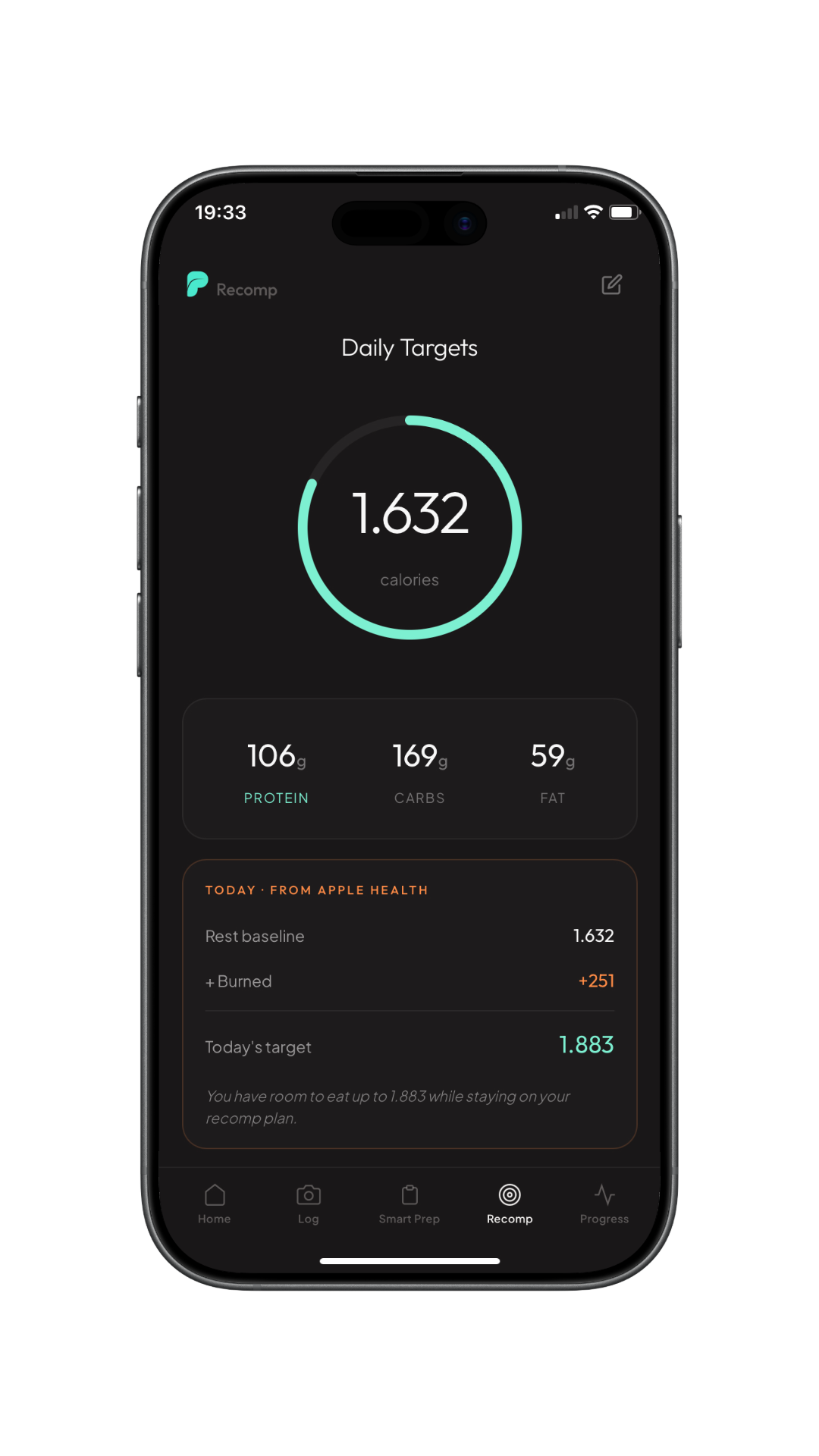 Body recomposition macros with rest-day and active-day targets synced to Apple Health
